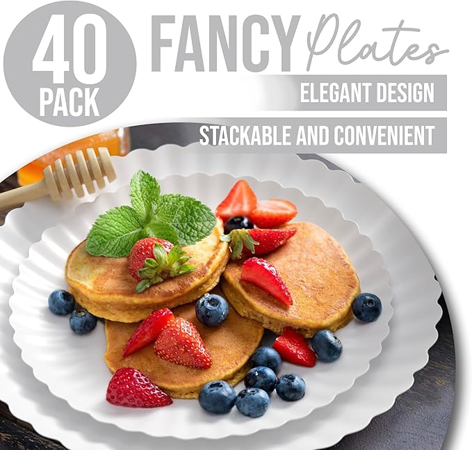 Trendables Scalloped Paper Plates 8.5 Inch & 10.5 Inch 40 Pcs Dinner Plate Set Fancy Disposable Plates for Party for 20 Guests 20 X 8 & 20 X 10 Large & Small Paper Plate Set for Parties Snow