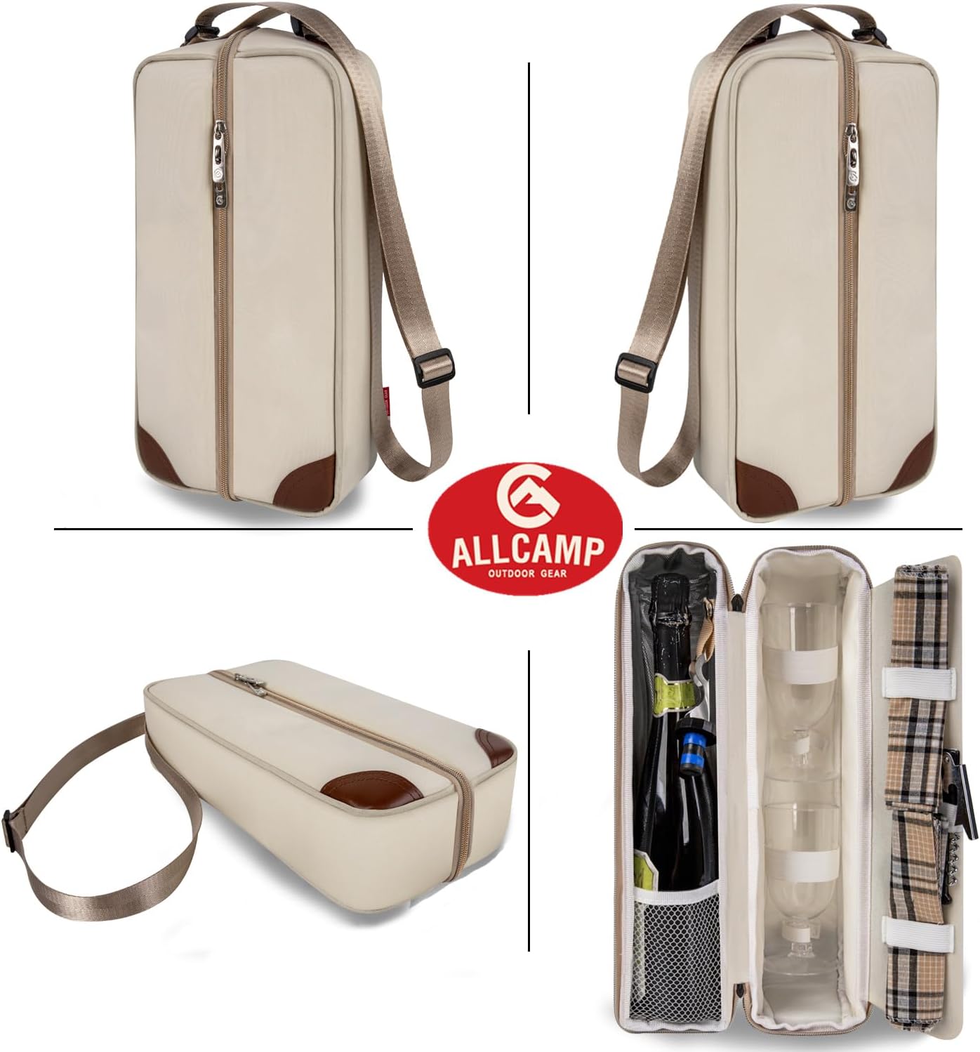 ALLCAMP Wine Tote Bag with Cooler Compartment，Picnic Set Carrying Two Sets of Tableware（Cream-Colored）