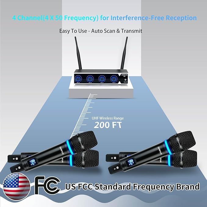 4 Channel Rechargeable Wireless Microphone System, Pro UHF Metal Handheld Wireless Microphones Cordless Mics for Karaoke Singing Church with VOL Control, 4x50 Adjustable Frequency(G8)