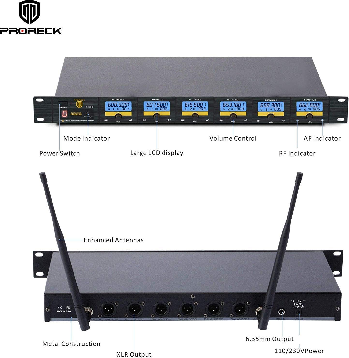 PRORECK MX66 6-Channel UHF Wireless Microphone System with 6 Hand-held Microphones Karaoke Machine for Party/Wedding/Church/Conference/Speech
