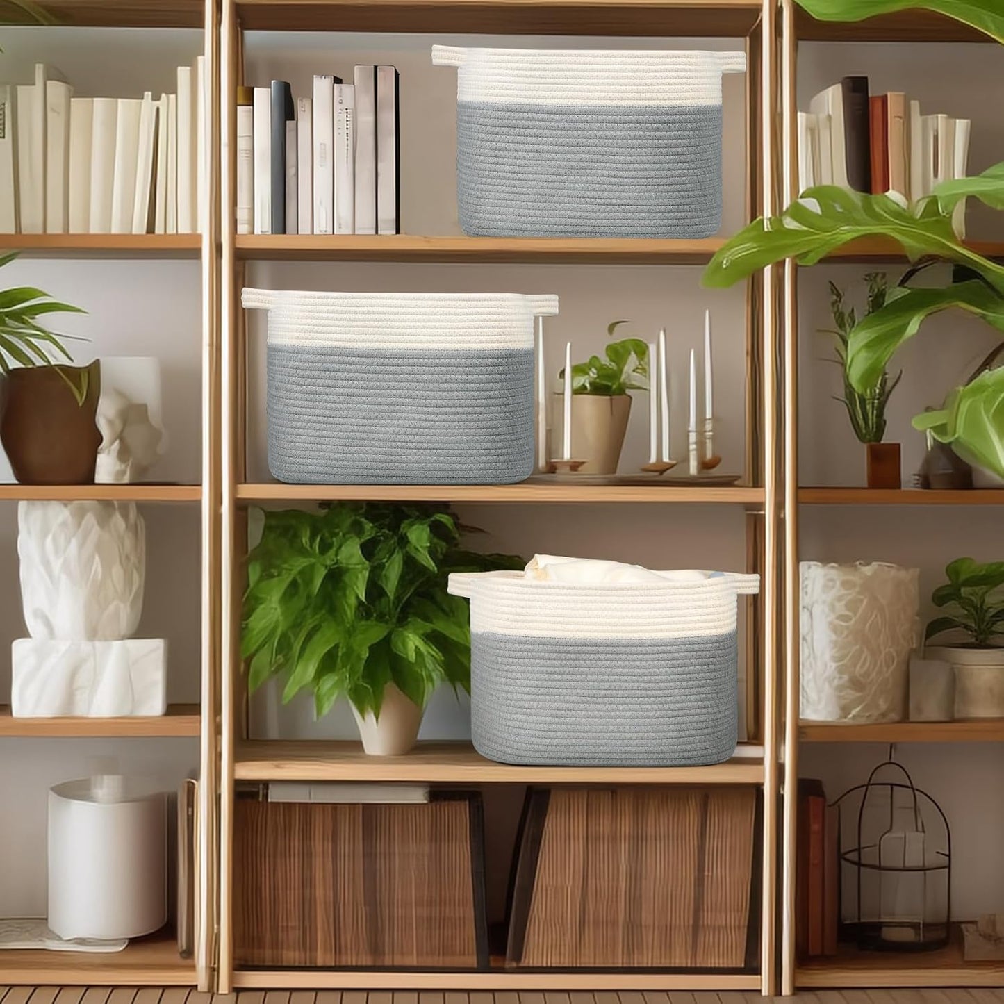 Kntiwiwo Storage Baskets for Organizing 14.7”x11”x9.6” Rope Storage Baskets for Shelves with Handles, Decorative Closet Baskets & Bins, Large Woven Baskets for Storage, White & Grey