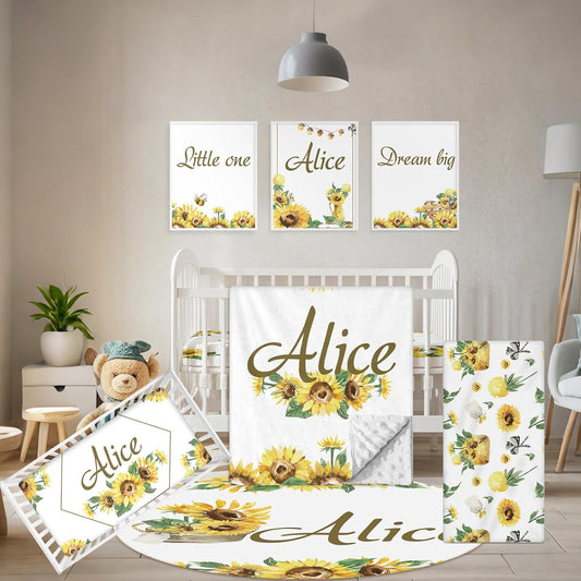 Personalized Baby Bedding Set - 5 Pcs Custom Infants Bedding Set with Infant Name - Double Layer Nursery Crib Set for Girls Boys - Customized Gifts for Toddler Baby Shower - Yellow Sunflower