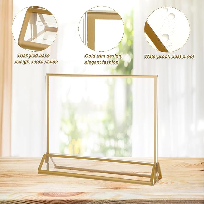 8PCS 6x4 Acrylic Sign Holders with Golden Border, Double-Sided Picture Frames, Clear Gold Table Number Holders for Wedding Reception, Centerpiece, Decoration, Party