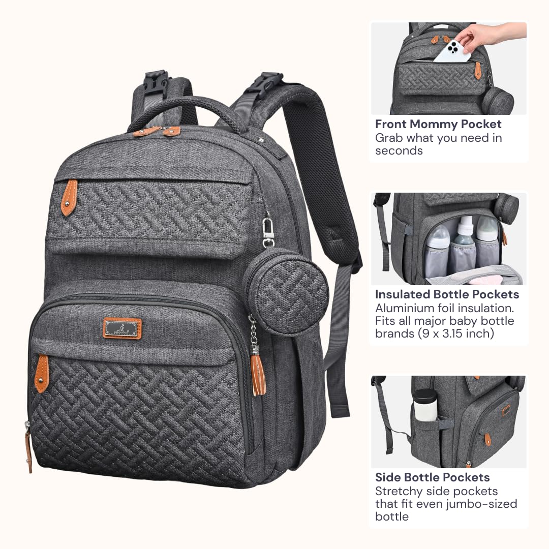 BabbleRoo Diaper Bag Backpack, Travel Backpack with Changing Pad, Pacifier Case & Stroller Straps, Multifunction, Waterproof, Unisex - Dark Gray