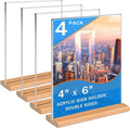 Kersally Acrylic Sign Holder 4 x 6, 4 Pack Double-Sided Clear Table Display Stands with Wood Base,Vertical Acrylic Frame Menu Flyer Paper Holder for Stores, Restaurants, Hotels, Office, Show Fair