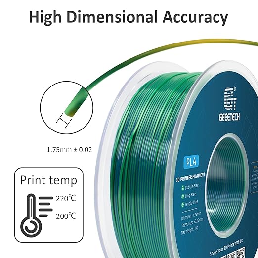 Geeetech 3D Printer Silk PLA Dual Color Filament, Metal-Like Shiny Silk Filament 1.75mm 1kg (2.2lbs) Spool, Dimensional Accuracy +/- 0.02 mm, Silk Blue Green