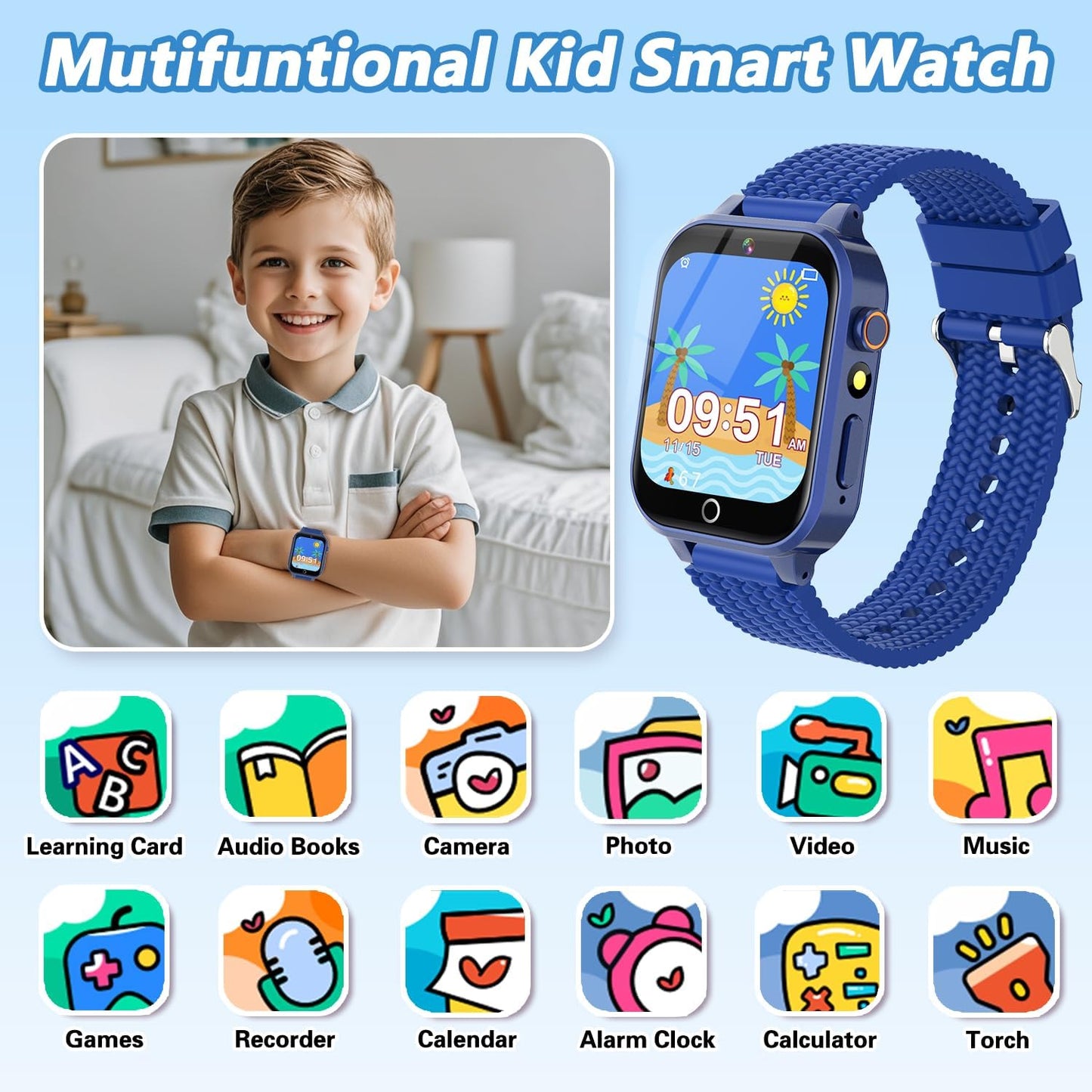 Smart Watch for Kids Boy Gift Ages 3-12, 2 Screen Protector, 26 Puzzle Games, HD Camera Video Music Player Touchscreen Pedometer, Educationtal Toy Brithday Gifts for Boy Ages 4 5 6 7 8 9 10(Blue)
