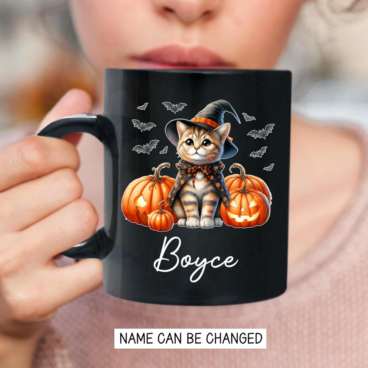 Personalized Ocicat with Pumpkins Halloween Ceramic Cups, Ocicat Wearing Witch Hat Coffee Mug 11oz 15oz, Customized Cat Black Mug with Pet's Name, Halloween Cup Gift for Cat Dad Mom Pet Lover