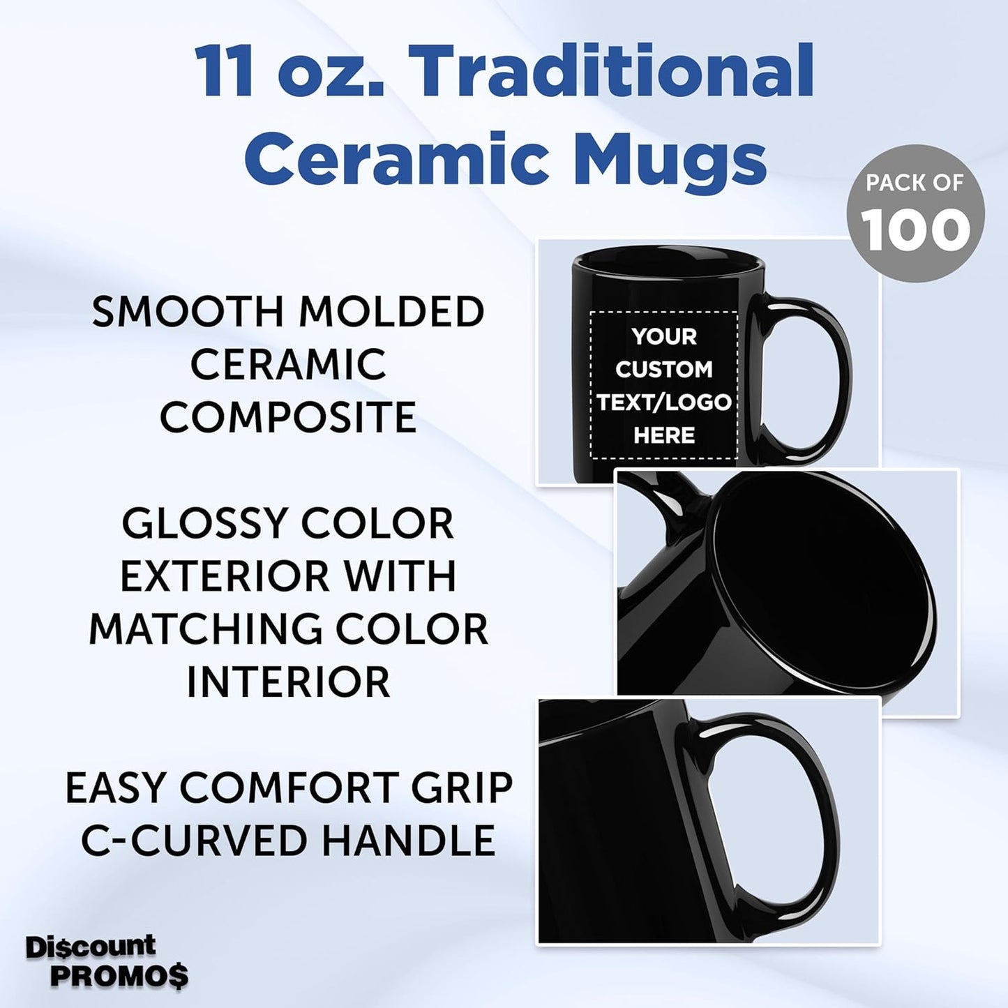 Custom Ceramic Coffee Mugs 11 oz. Set of 100, Personalized Bulk Pack - Coffee cup set, Iced coffee cup, Gaming mug - Black
