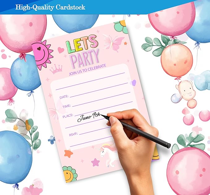 Preppy Patch Birthday Invitations for Girls, Let's Party Birthday Party Invitaions for Party Invites, 4x6 Inches, 30 Sets with Envelopes