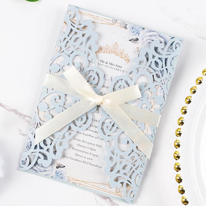 50pcs Laser Cut Wedding Invitation Pockets 5x7 '' Dusty Blue Wedding Invitations Kit With Envelopes Blank Inner Sheet and Ribbon for Wedding Bridal Shower Quinceanera Engagement Party Invite