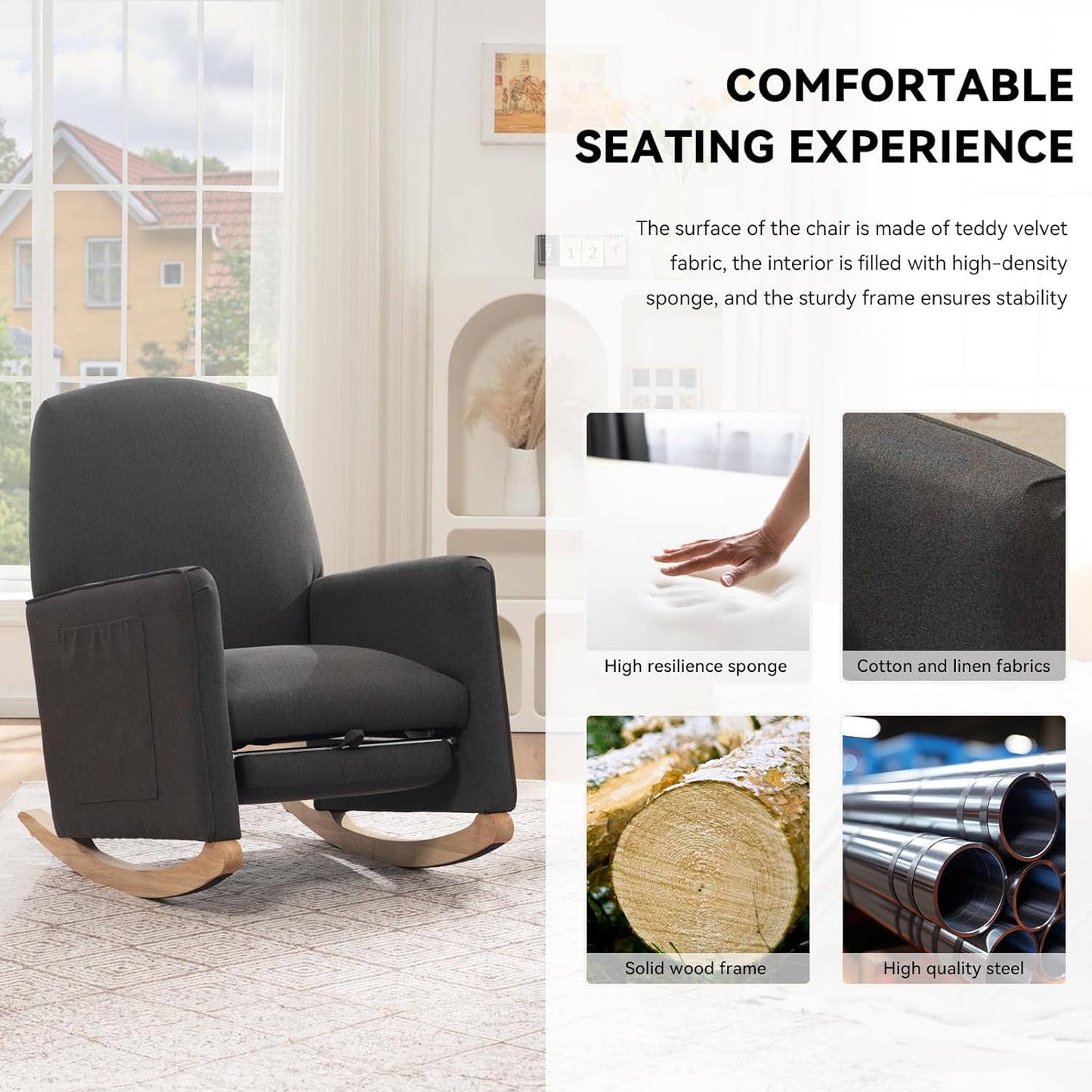 FOXHUNTER Rocking Chair Nursery with Adjustable Footrest and High Backrest, Upholstered Glider Chairs with Side Pockets for Nursery, Rocker Armchair Indoor for Living Room, Dark Gray