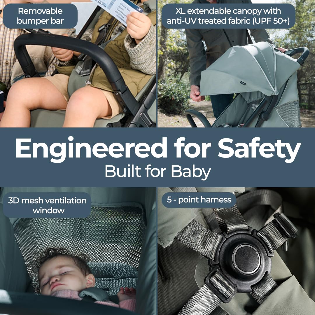 Inglesina Quid³ Stroller, Planet Green - Compact Reclining Travel Stroller for Baby & Toddler 0-55 lbs, One Hand fold, Car seat Compatible, Airplane Overhead, Lightweight, Foldable, XL UPF 50+ Canopy