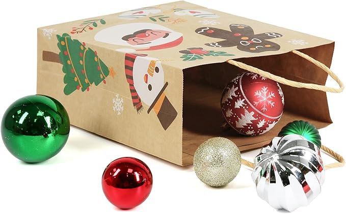 Ogrmar 24 PCS Christmas Gift Bags Kraft Holiday Wrapping Paper Bags with Christmas Prints for Holiday Party Favors Xmas Gift Box Packaging