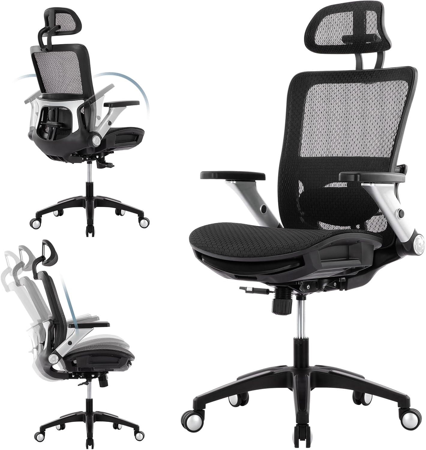 Ergonomic Mesh Office Chair with Footrest, High Back Executive Desk Chair with Adjustable Lumbar Support, Headrest and Tilt Lock, 4D Flip-up Arm-Black