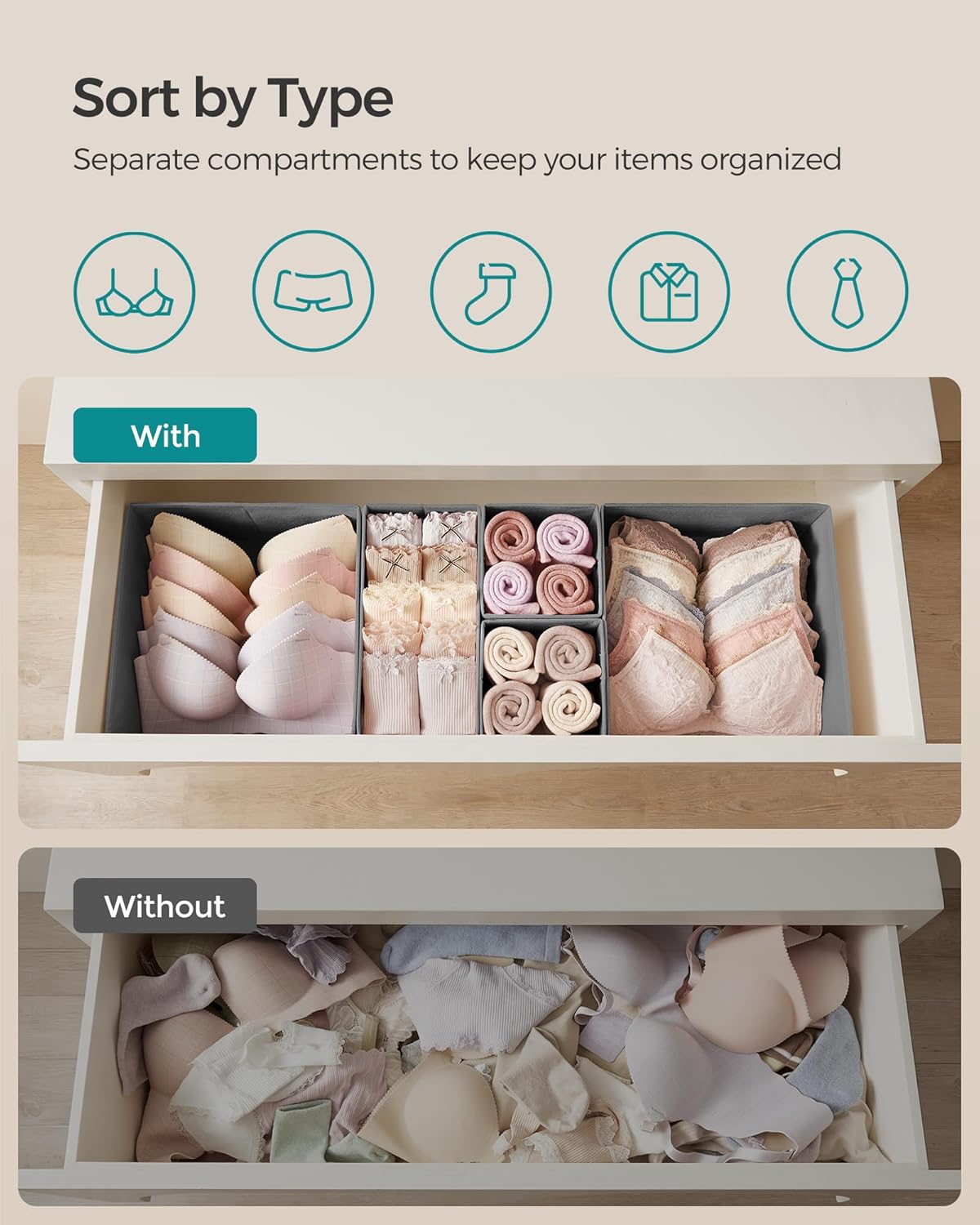 SONGMICS Drawer Organizers, Dresser Divider Organizers, Set of 18, Foldable Fabric Storage Boxes for Socks, Underwear, Bras, Ties, Scarves, Dove Gray URDZ006G05