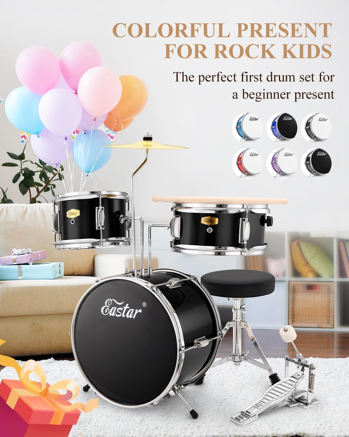 Eastar Drum Set 14'' for Kids Beginners,3 Piece with Bass Tom Snare Drum,Adjustable Throne, Cymbal, Pedal & Two Pairs of Drumsticks, Metallic All Black