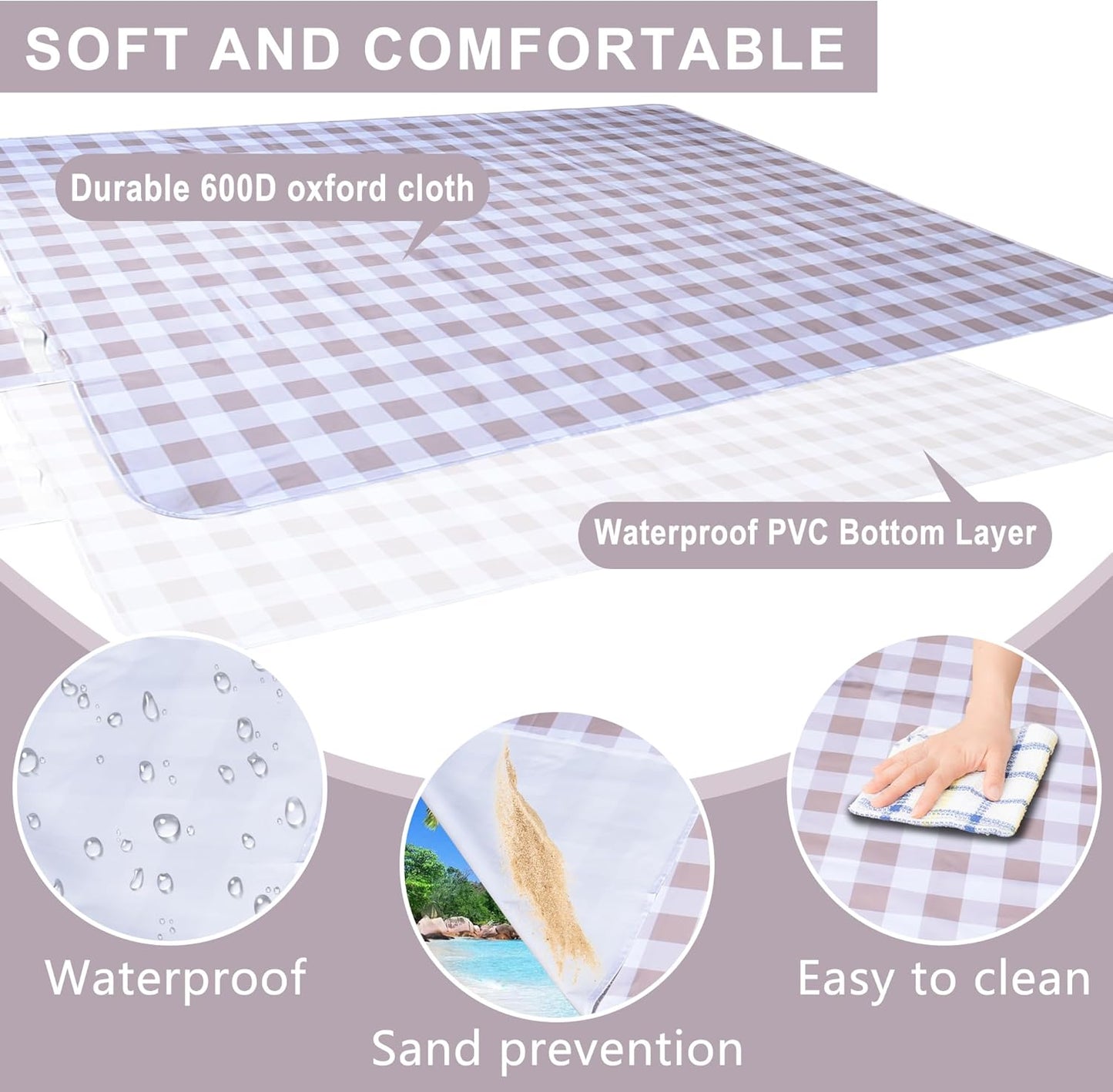 80"x80" Extra Large Waterproof Outdoor Mat - Sandproof Foldable Picnic Blanket for Family Camping, Backyard, Beach Parties - Heavy Duty & Easy Storage (Light Brown)