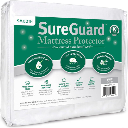 SureGuard Twin Size Mattress Protector - 100% Waterproof, Hypoallergenic - Premium Fitted Cotton Cover - Smooth
