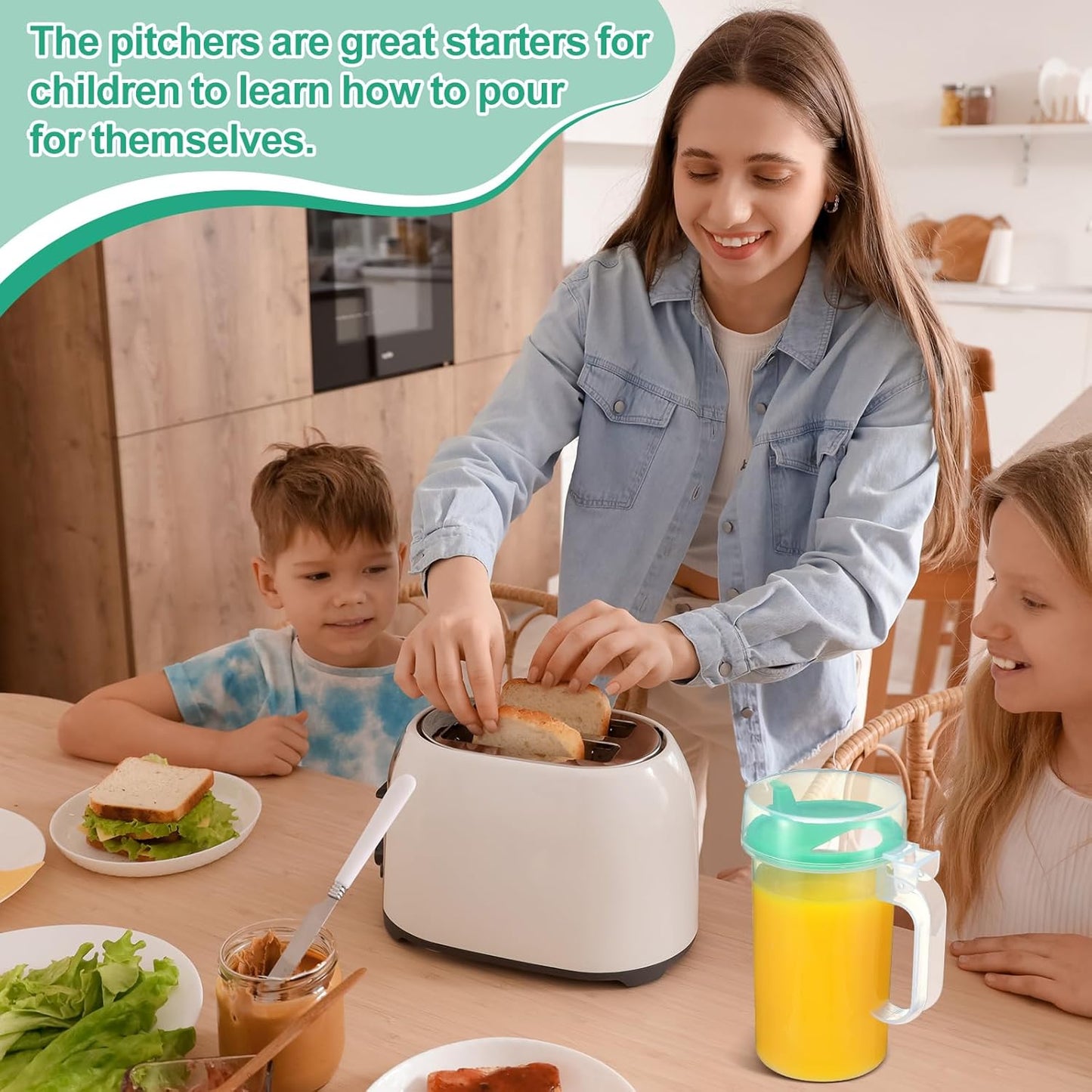 Newtay 12 Pack Early Learning Kids Easy Pouring Mini Pitchers Clear Plastic Pitcher with Lid and Handle Easy Pour Bottles 16 Oz. Jugs with Lids for Classroom Nursery Home (Light Green)