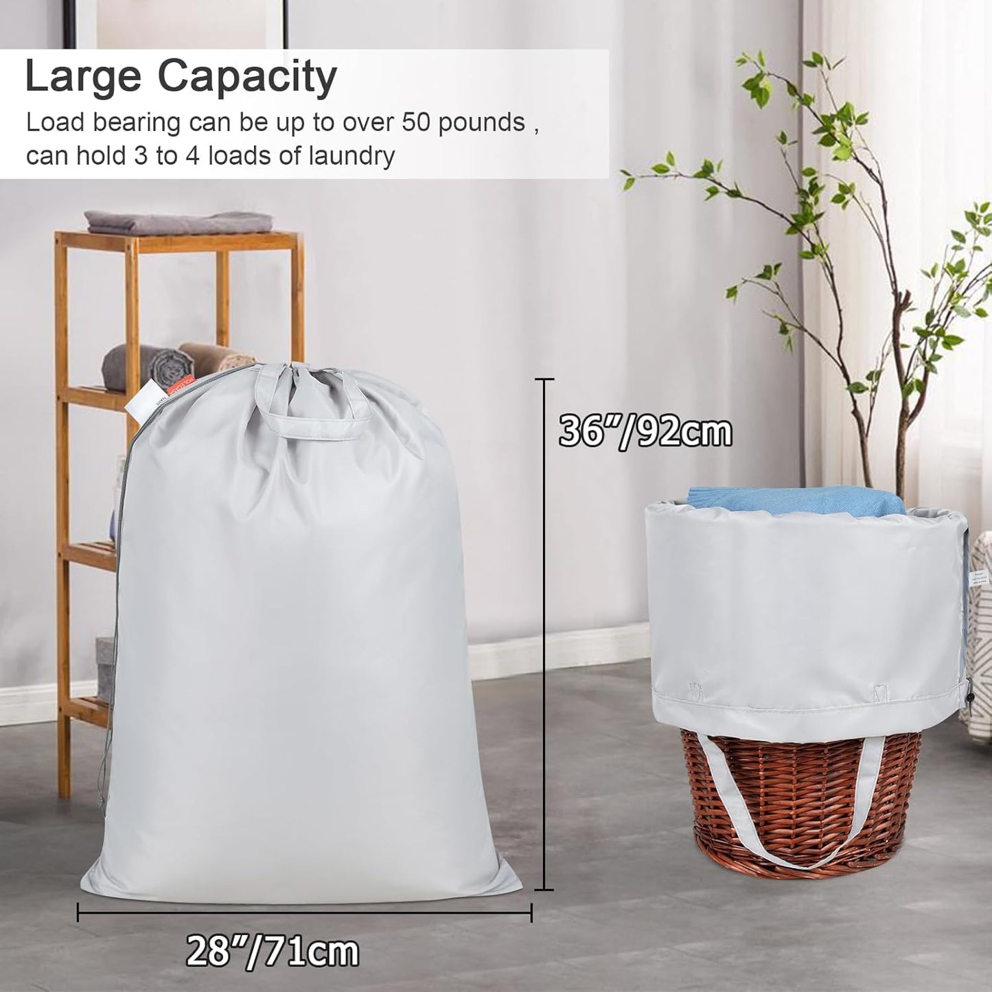 Polecasa Heavy Duty Large Laundry Bag with 130gsm Tear Resistant Fabric and Handles, Easy to Carry Durable Dirty Clothes Drawstring Bag, Perfect for College Dorm, Travel, 2 Pack 28”x36”, Silver
