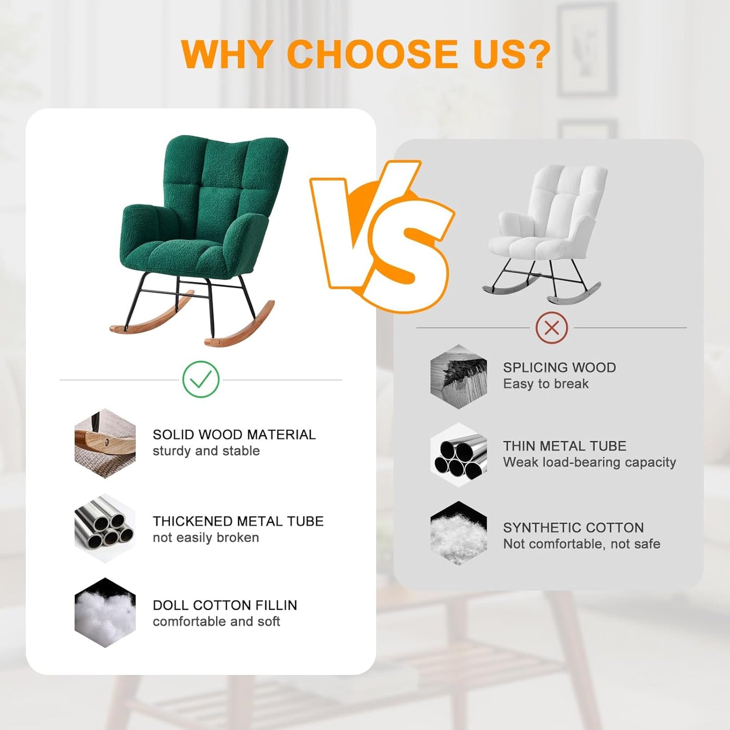 Nursery Rocking Chair, Teddy Fabric Upholstered Glider Rocker with High Backrest, Modern Rocking Accent Chairs Comfy Side Chair for Nursery, Bedroom, Living Room (Green)