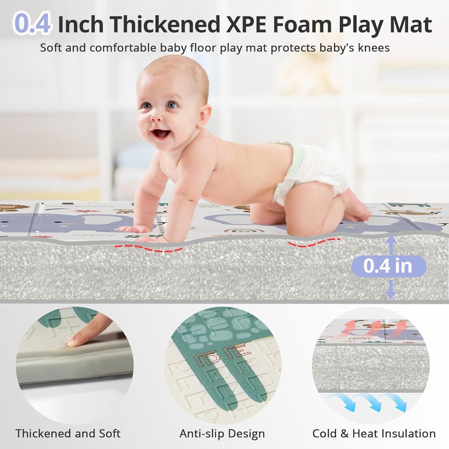 79x71 Foldable Baby Play Mat for Floor, Extra Large Non-Toxic Tummy Time and Crawling Playmat, Thick Foam Play Mat for Baby, Reversible Portable Babies Floor Mats for Infant, Toddler
