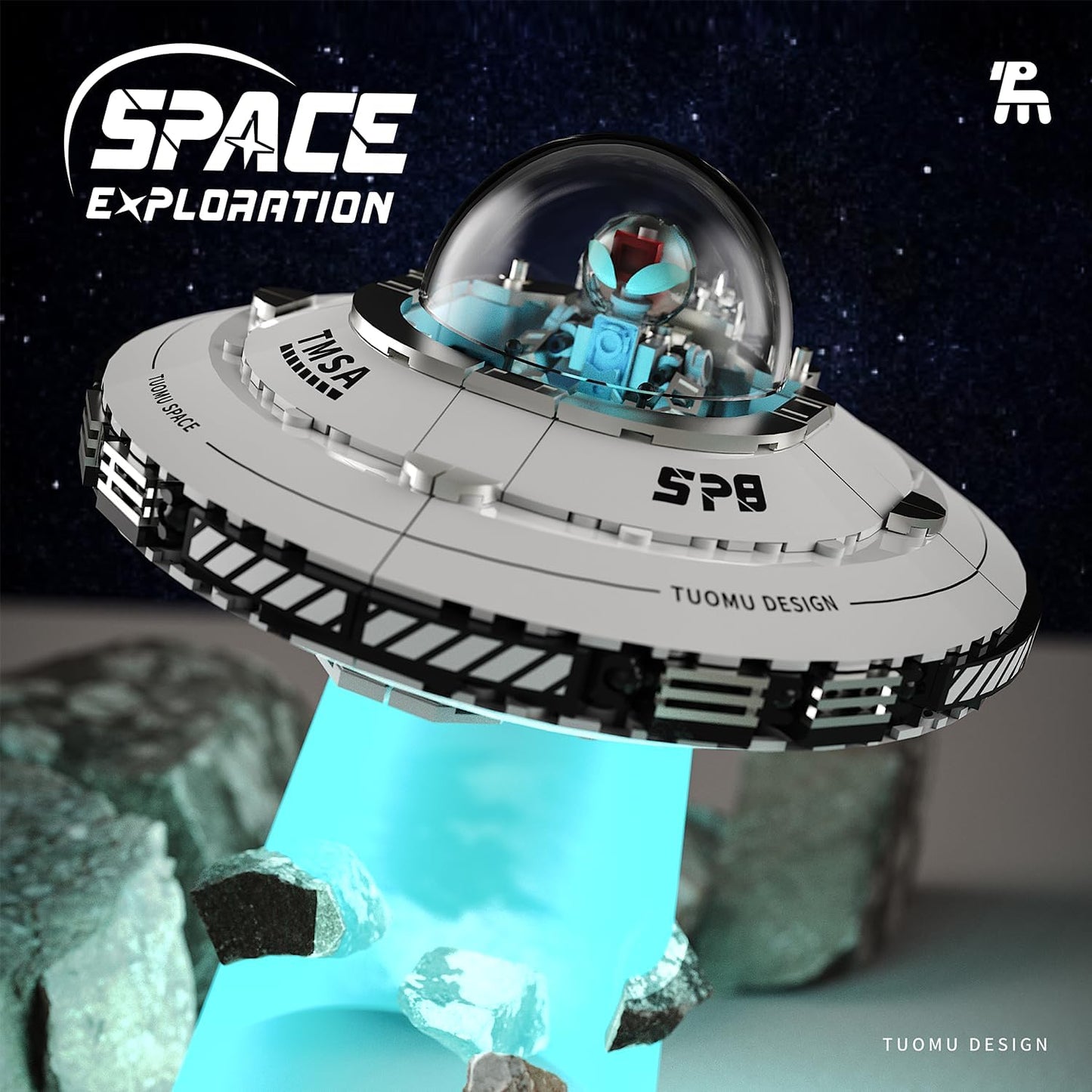 UFO Spaceship Building Block Set, Creative Milky UFO&Alien Building Set, Interstellar Spaceraft Brick Set, Dual LED Lights and Transparent Base, Model for UFO Lover Collection,Gifts for Ages 8+