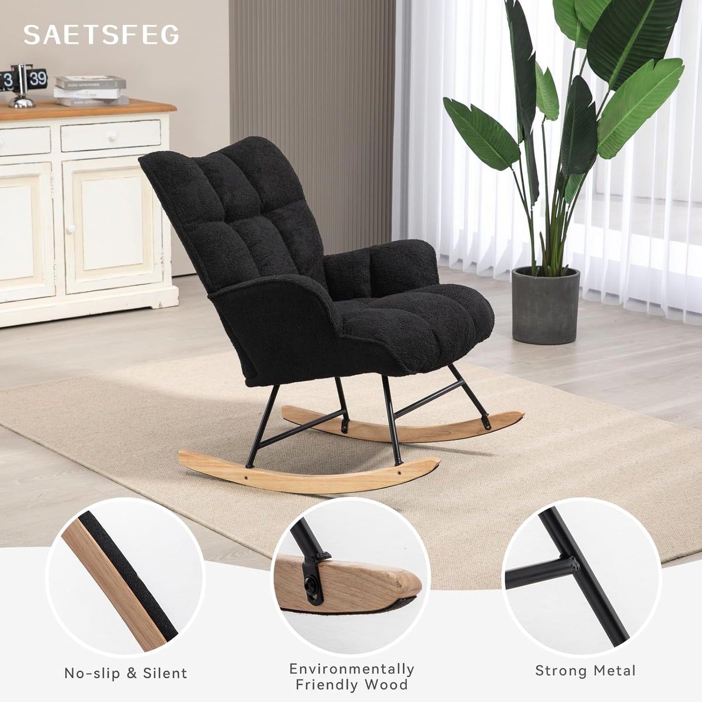 Rocking Chair Nursery Teddy Upholstered Glider Rocker Rocking Accent Chair Padded Seat with High Backrest Armchair Comfy Side Chair for Living Room Bedroom Offices (Black Teddy)