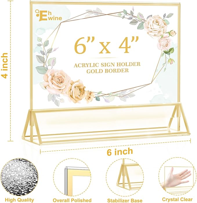EHWINE 12 Pack Acrylic Sign Holder 4 x 6 Horizontal, Double-Sided Stand up Table Top Sign Holders, Gold Acrylic Picture Frame Menu Flyer Paper Holder Display Stand for Office Business Store Wedding Party