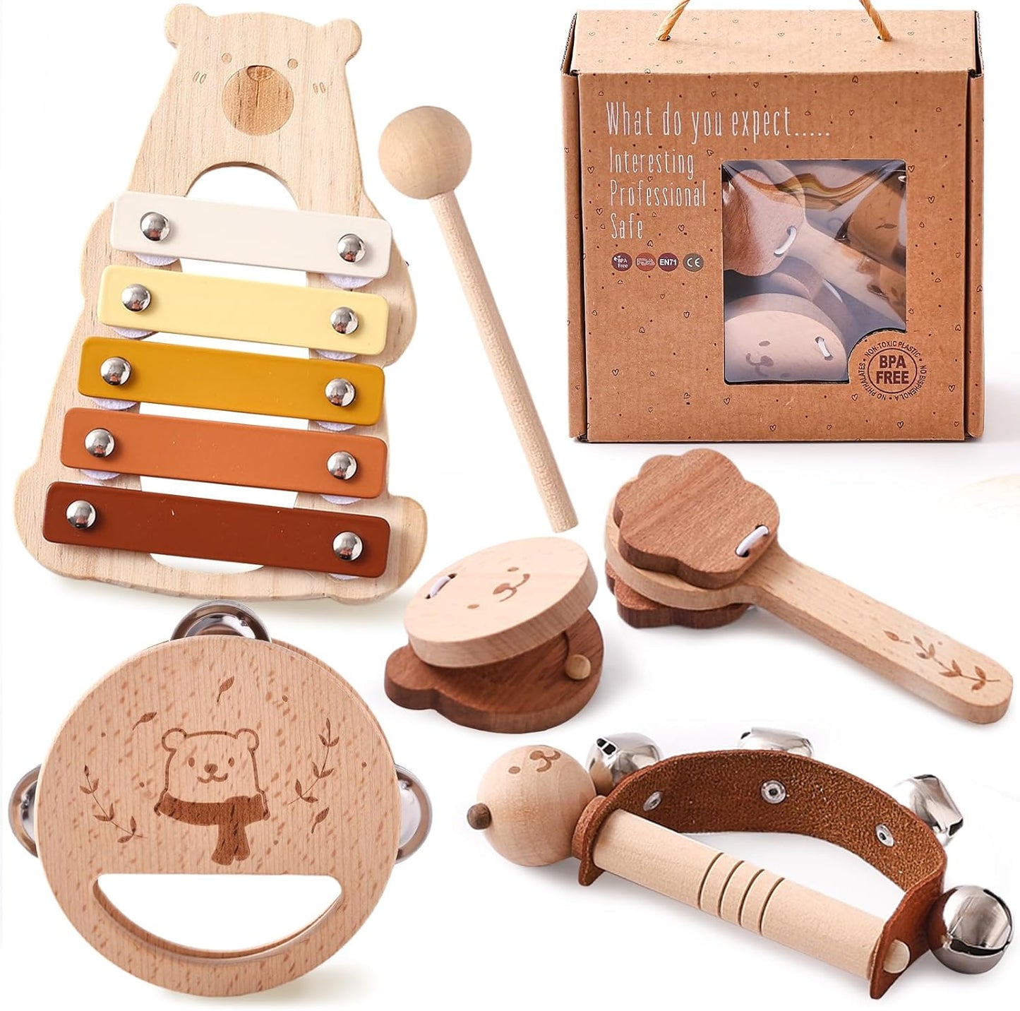 EERKEOD Toddlers Montessori Wooden Toys Percussion Musical Instruments with Xylophone Set for Girls Boys Kids Preschool Educational Toys