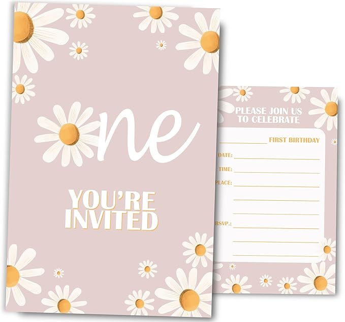 Daisy 1st Birthday Invitations for Girls, Daisy One Birthday Party Invitaions for Party Invites, 4x6 Inches, 30 Sets with Envelopes