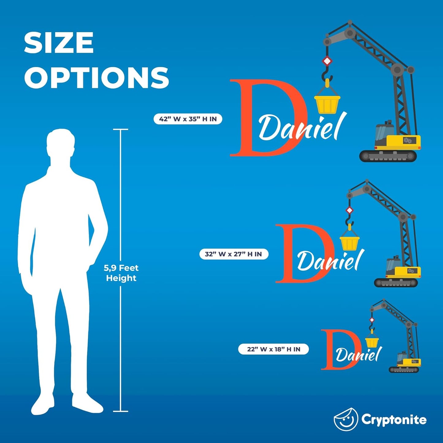 CRYPTONITE Custom Toddler Construction Crane Wall Decal I Personalized Name & Initial I Nursery Decor I Polyvinyl Chloride Sticker - Made in USA (Medium, Multicolor Options)