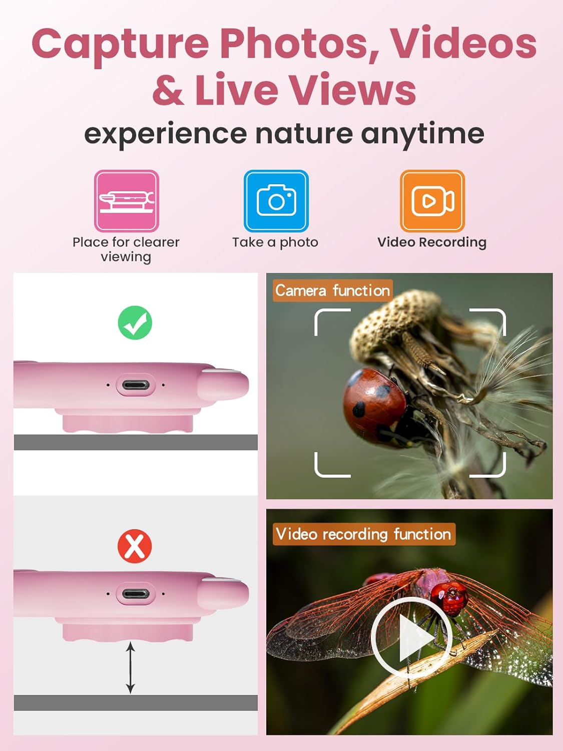 Microscope for Kids, 2 Inch Digital Microscope with 500X Magnifying Glass, 4× Zoom Handheld Camera Mini Pocket Magnification, Educational Science Toys for Ages 3+, Pink