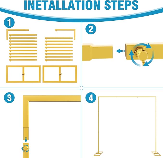 Fomcet 8FT x 8FT Backdrop Stand Heavy Duty with Base, Gold Portable Adjustable Pipe and Drape Backdrop Stand Kit, Square Metal Arch Party Frame for Wedding Birthday Parties Banquet Decorations