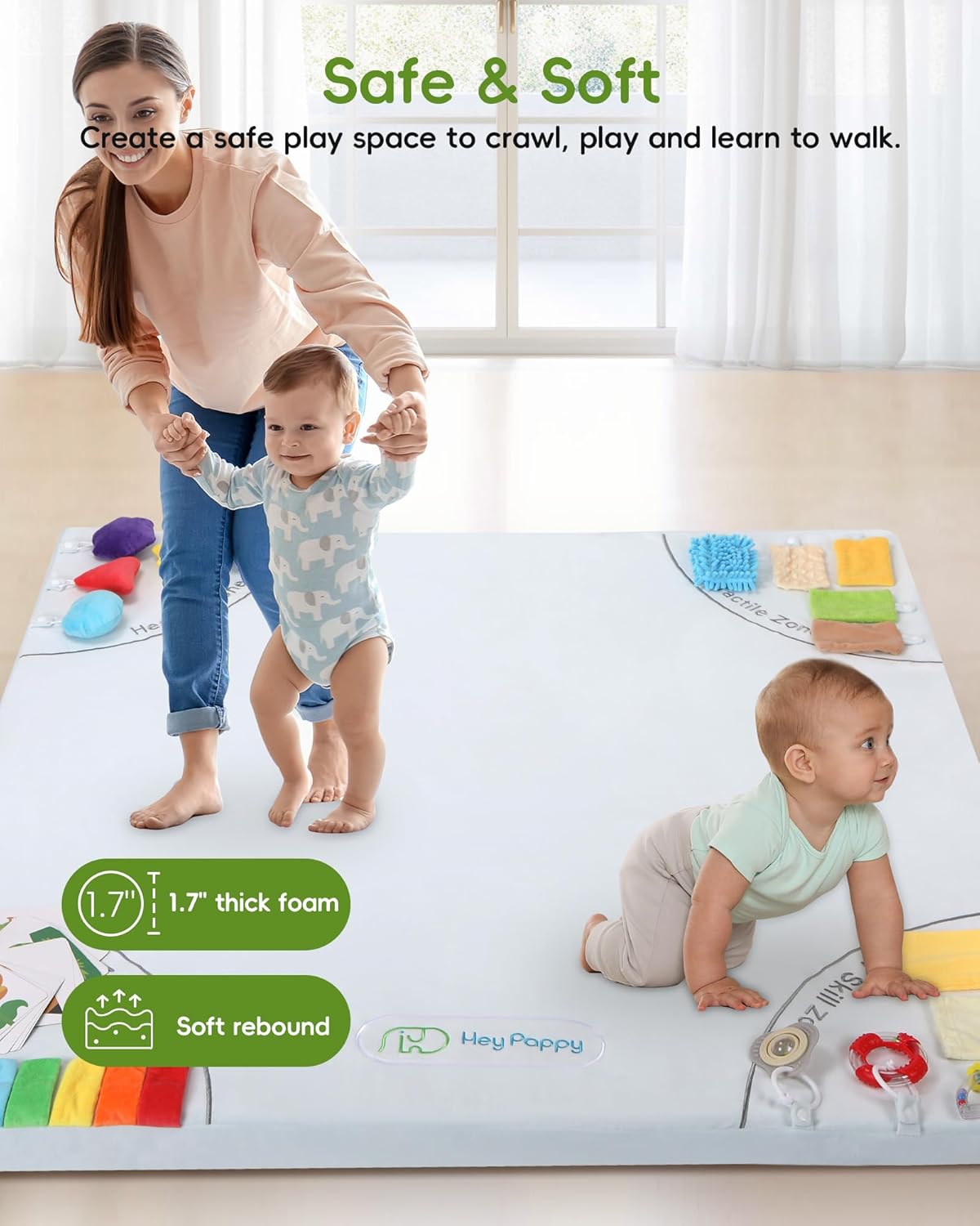 Baby Play Mat, 50''x50'' Playpen Mats with 4 Sensory Development Zones for Motor Skills, Unique Crawling Mats with Non-Slip Cushioned That Fits Nicely into Any Playroom, Grey
