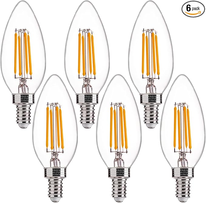 FLSNT 60W Equivalent LED Chandelier Light Bulbs, Dimmable, E12 Base, Clear B11 LED Filament Candelabra Bulbs, 2700K Soft White, 6 Pack