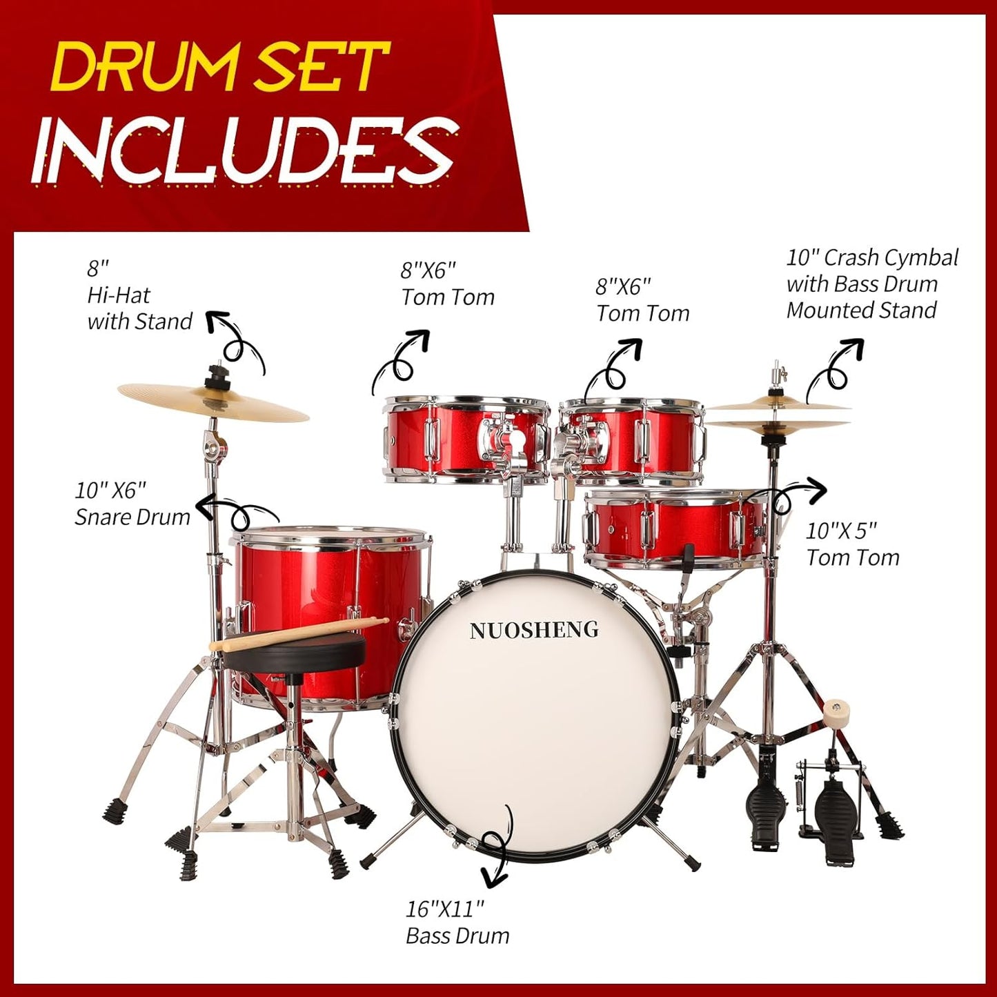 Kids 5-Piece Complete Junior Drum Set with Genuine Brass Cymbals with 16" Bass Drum, Tom-Tom, Snare, Cymbals, Hi-Tone Drum, Drum Sticks, Base Pedal and Adjustable Throne, Beginner Set Red