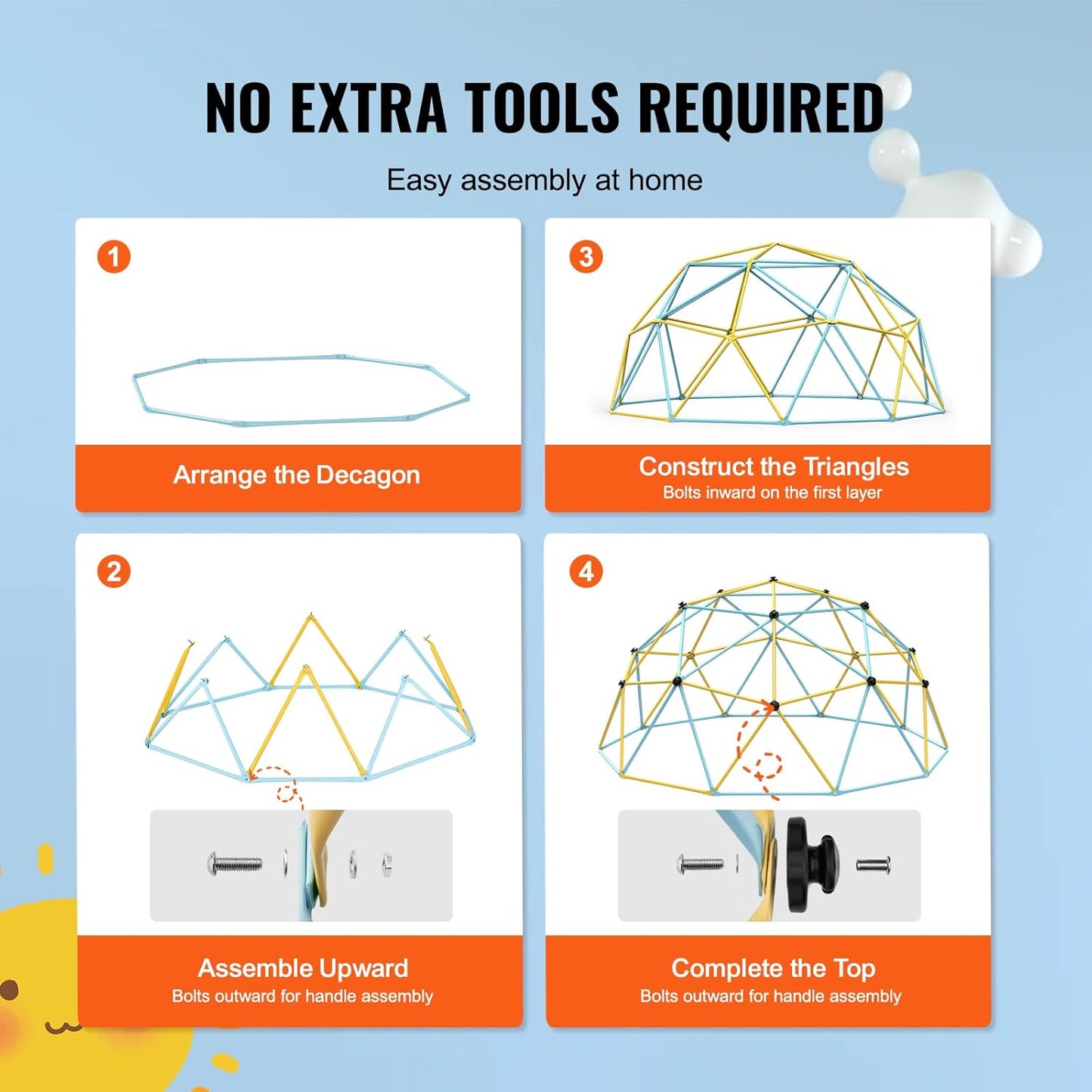 VEVOR Climbing Dome, 10FT Geometric Dome Climber with Hammock and Swing, Jungle Gym Supports 750LBS and Easy Assembly for Kids 3 to 10 Years Old, with Climbing Grip, Outdoor Backyard Play Equipment