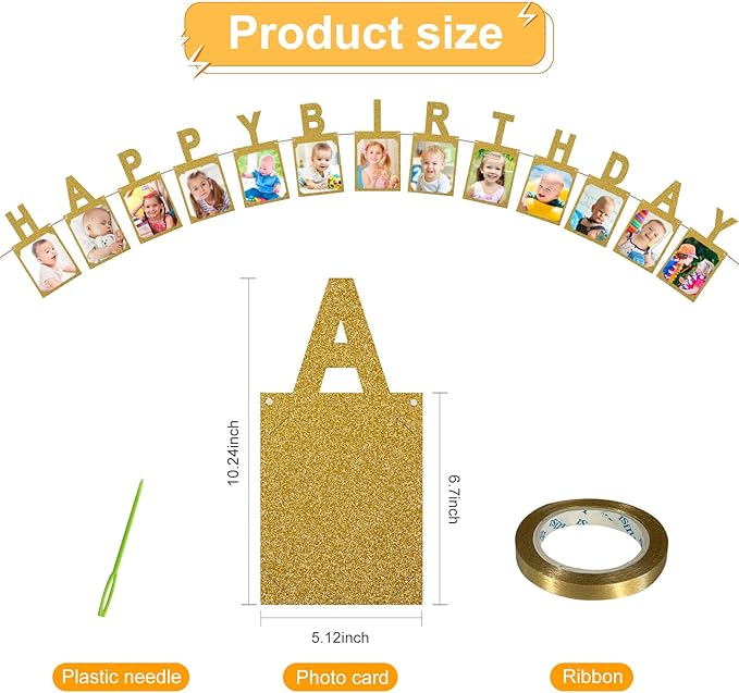 Birthday Photo Banner, Suitable for Kids and Adults Birthday Party Decoration, Annual Milestone Golden Happy Birthday Banner (gold)