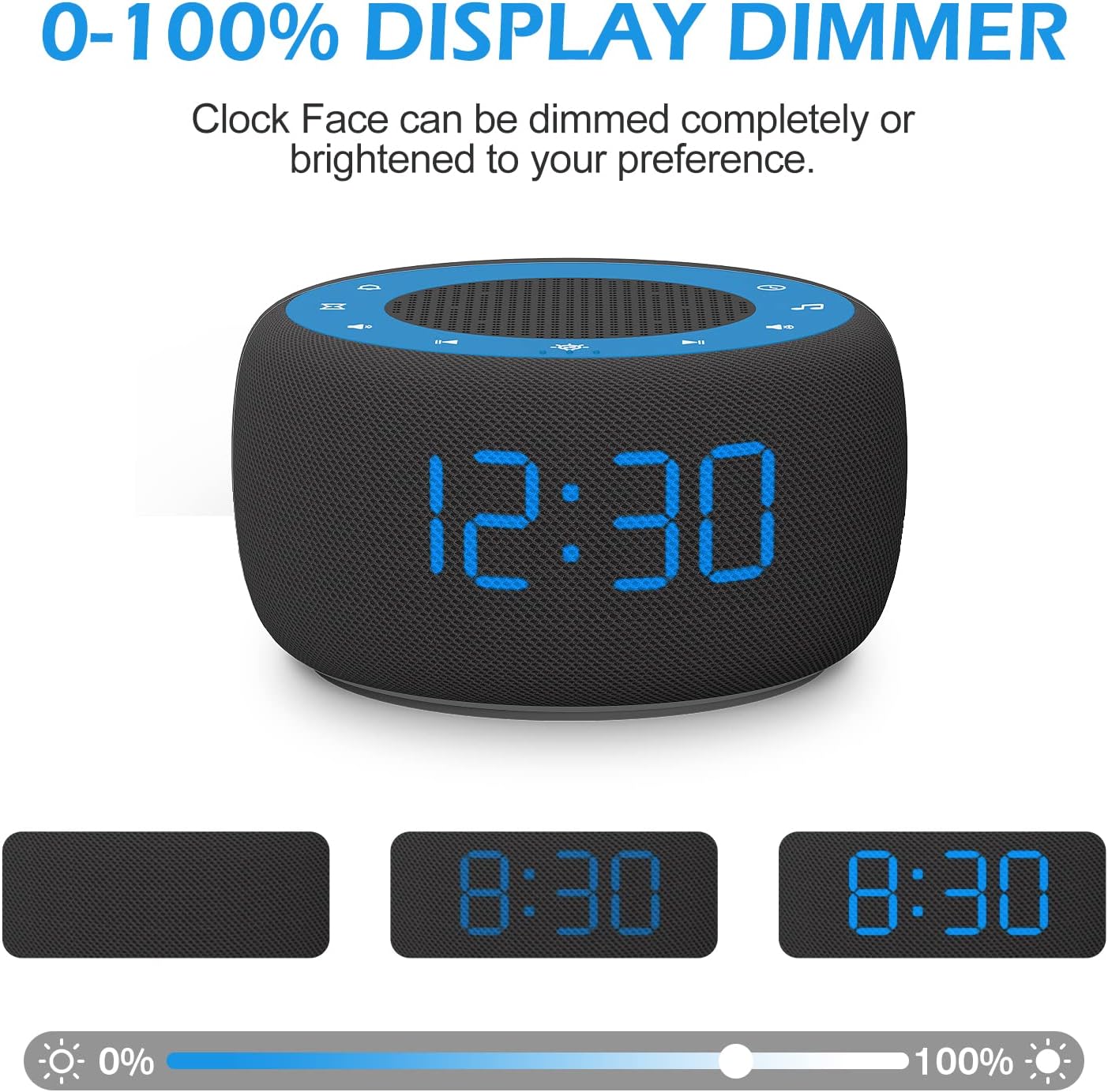 Buffbee Sound Machine & Alarm Clock 2-in-1, 0-100% Clock Face Brightness, Bottom Colored Light, Sleep Timer, Precise 30-Level Volume Control White Noise Machines