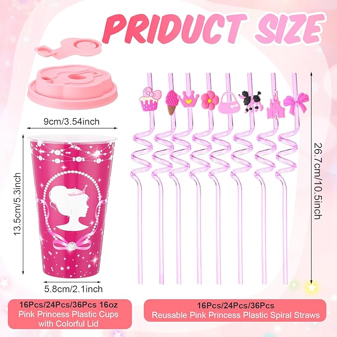 Yungyan 16 Sets Hot Pink Girl Party Favors Goodie Cups with Lids and Straws for Birthday Decorations Reusable 16oz Plastic Candy Cups Plastic Straws for Birthday Party (Pink Princess)