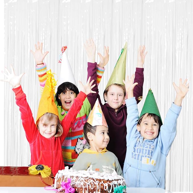 BTSD-home 4 Pack 3x 8ft White Foil Fringe Curtain Backdrop Party Streamers Decorations Metallic Photo Booth Tinsel Theme Bachelorette Graduation Wedding Birthday Bridal Shower Christmas Decor Supplies