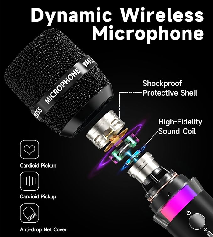 Wireless Microphone, Rechargeable Wireless Microphones with One-to-One Chip Connection and LED Lights, 40H Duration, 200FT Range Receiving, Less Latency Karaoke Microphone for Singing, Speech, Party