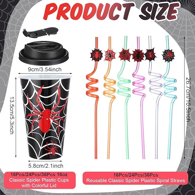 Yungyan 36 Sets Spider Party Favors Goodie Cups with Lids and Straws for Halloween Party Decorations Reusable 16oz Plastic Candy Cups Plastic Straws for Birthday Gift (Spider)