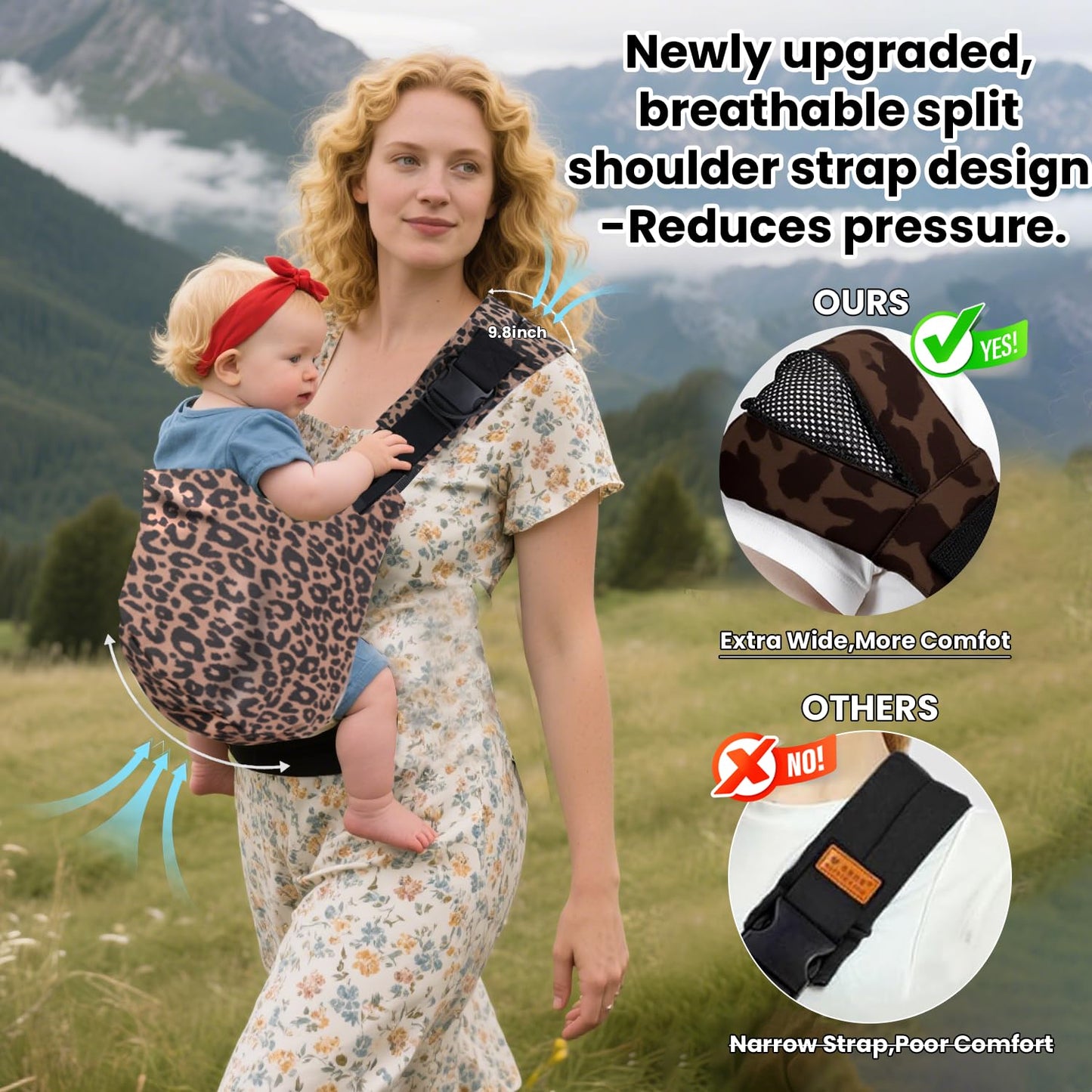 Baby Sling Carrier Adjustable Baby Sling 2025 Upgraded Toddler Sling Comfortable Baby Wrap Carriers Ergonomic-Designed, Travel Friendly Carrying 10-45 LbsLeopard