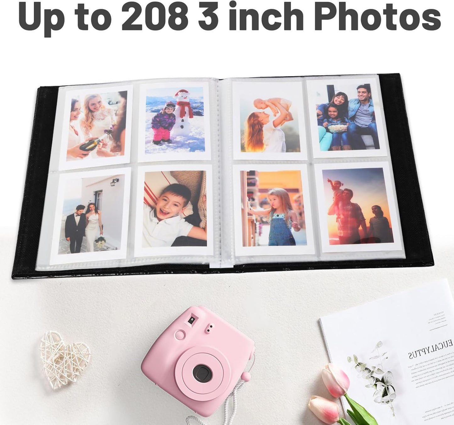 RECUTMS Photo Album 208 Photos for Fujifilm Instax Mini Camera, 2x3 Inch Photo Album, Leather Cover with Window, for Instax Mini 12 11 9 40 90 8 7 Evo LiPlay Instant Camera (Grey)