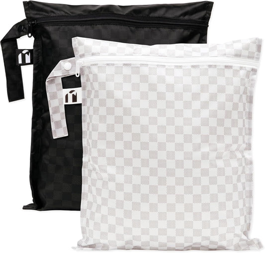 Bumkins Roamio - Waterproof Wet Bag - For Baby, Travel, Swim Suit, Cloth Diapers, Pump Parts, Pool, Gym, Toiletry, Strap to Stroller - Reusable & Easy to Clean - 2pk - Black Check & Off White
