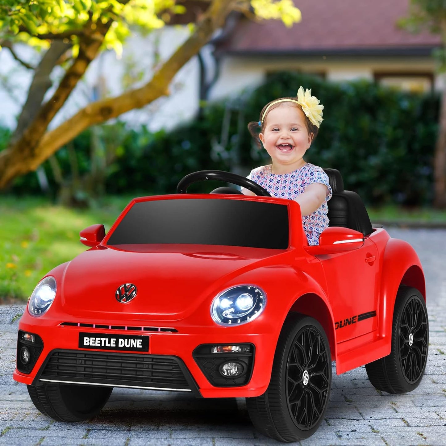 Costzon Ride on Car, 12V Licensed Volkswagen Beetle Battery Powered Vehicle w/Remote Control, Spring Suspension, Lights, USB, Horn, Music, 4 Wheeler for Boy Girl Gift, Electric Car for Kids (Red)