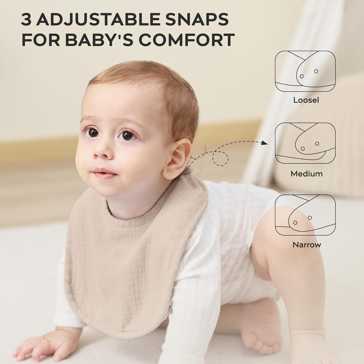 JELLYMONI 8 Pack Muslin Drool Bibs for Babies - Soft Adjustable Bandana Bib with Snaps, Absorbent Unisex Teething Bib for Newborn Girls & Boys